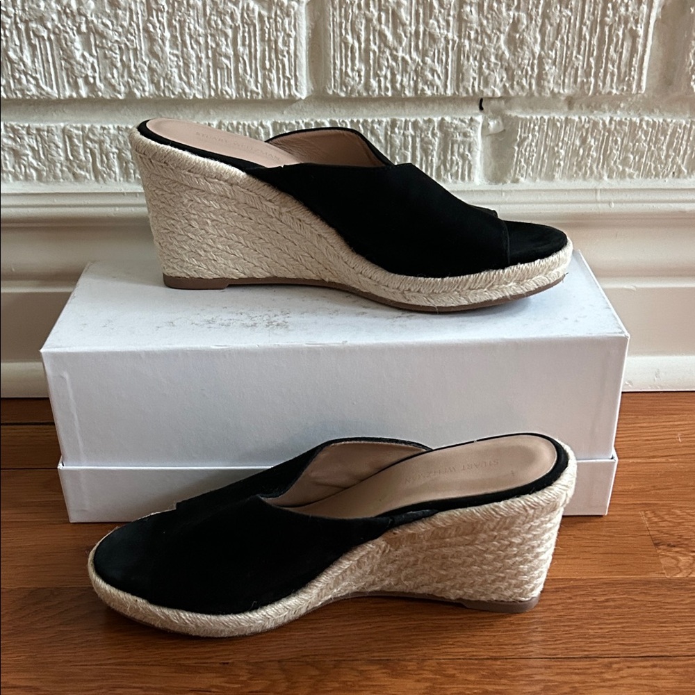 Stuart Weitzman Black Espadrille Wedge Mules